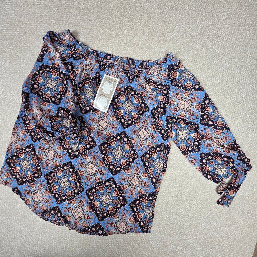 Westport Women Small Blue Paisley Off The Shoulder Boho Blouse 3/4 Tie Sleeve‎